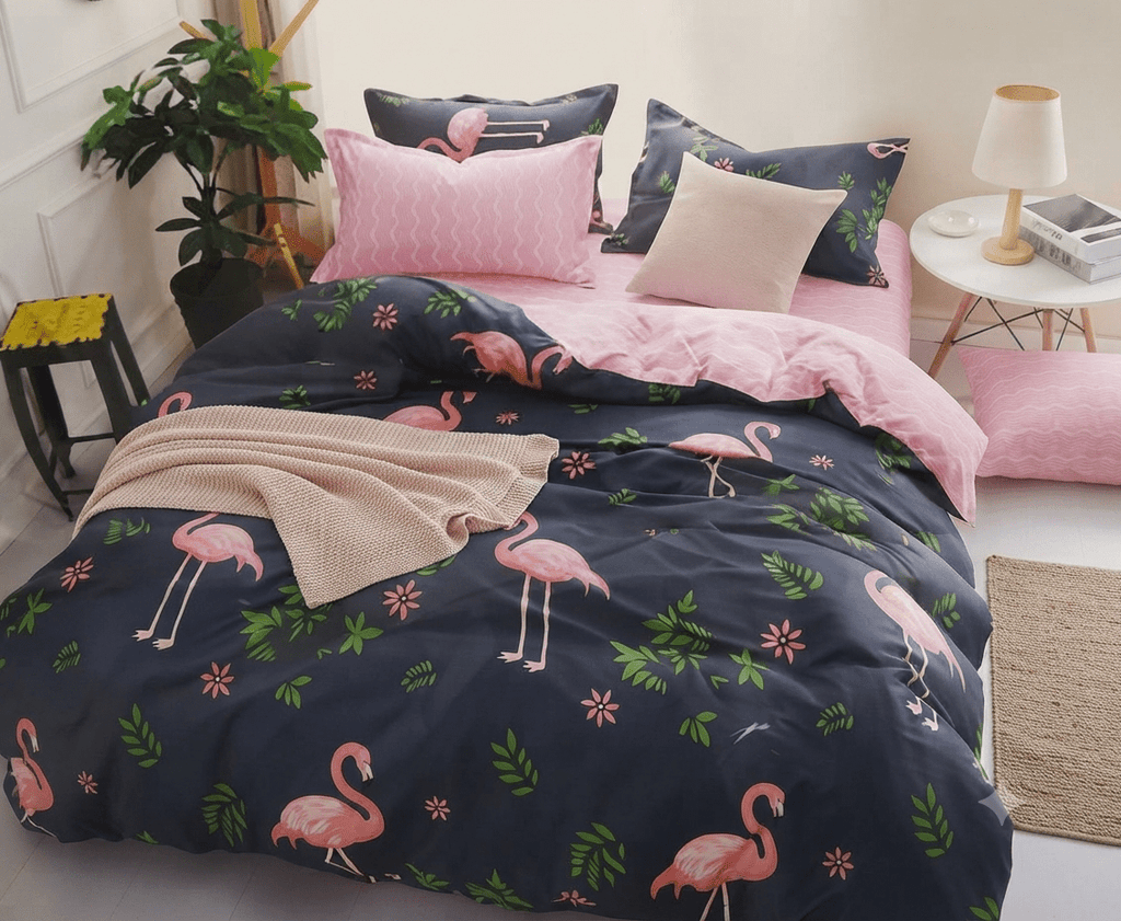 Navy Blue & Pink Flamingo Winter Cotton Duvet Cover Set - Hina Beddings