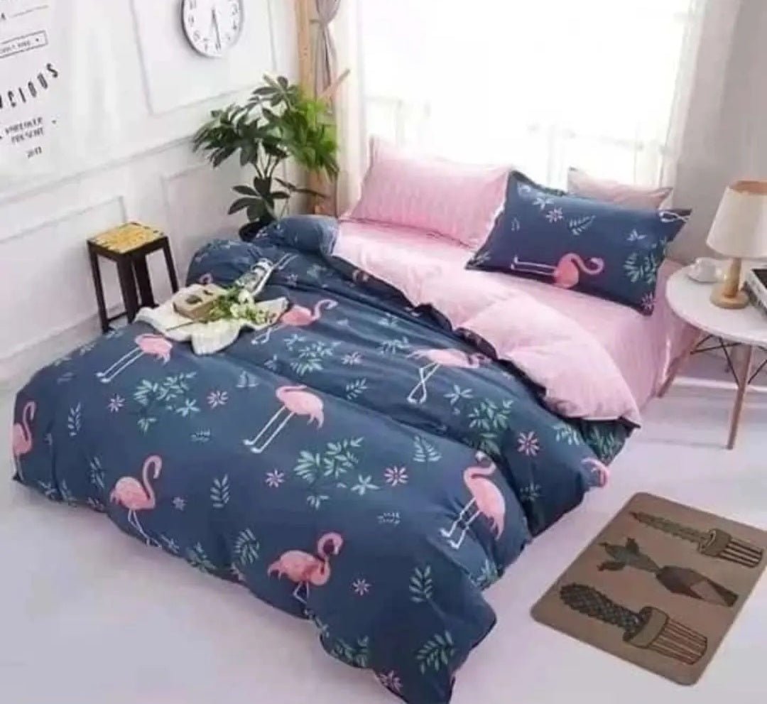 Navy Blue & Pink Flamingo Winter Cotton Duvet Cover Set - Hina Beddings