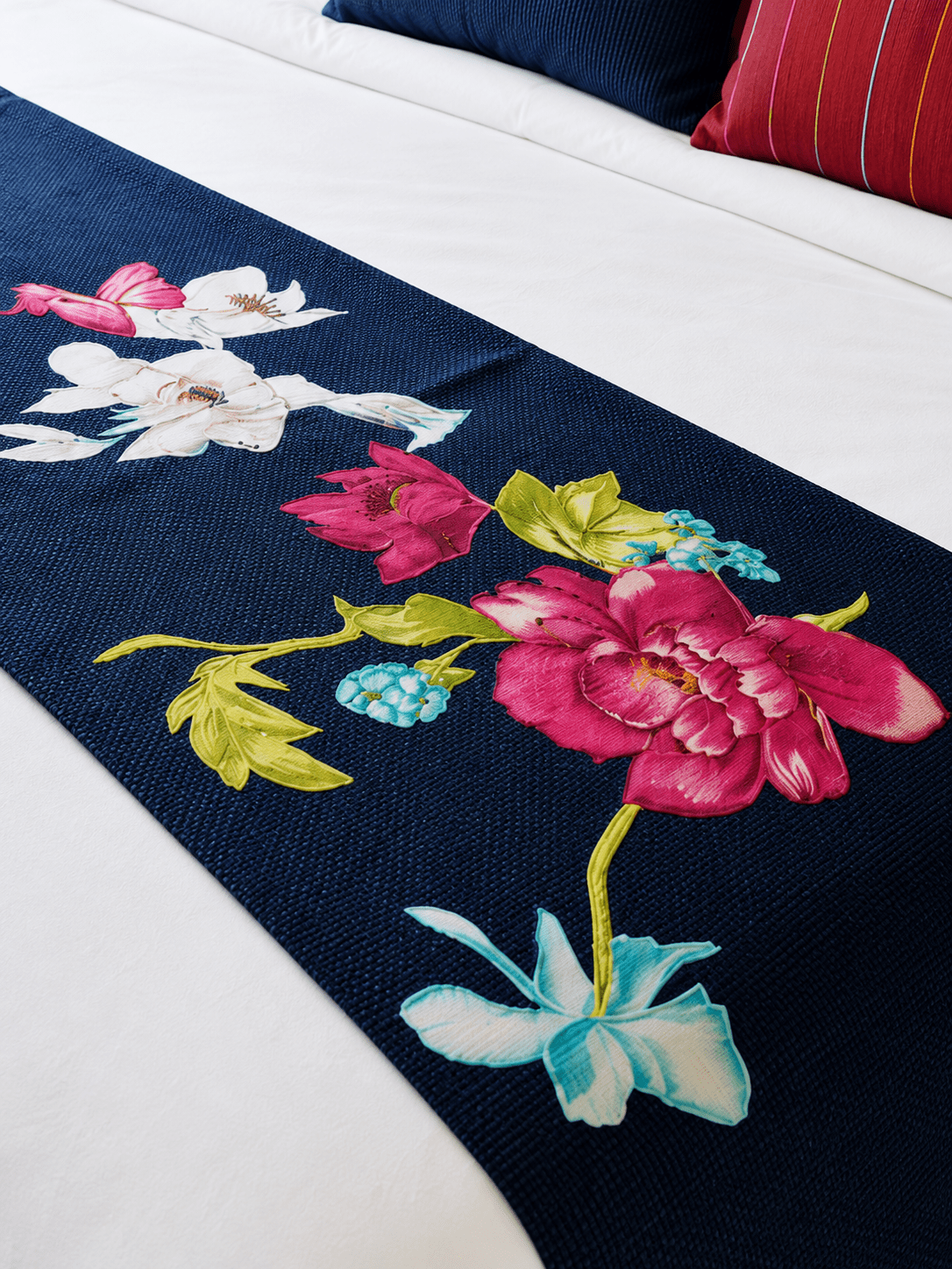 Navy Floral Embroidered Bed Runner — Cotton Jute - Hina Beddings