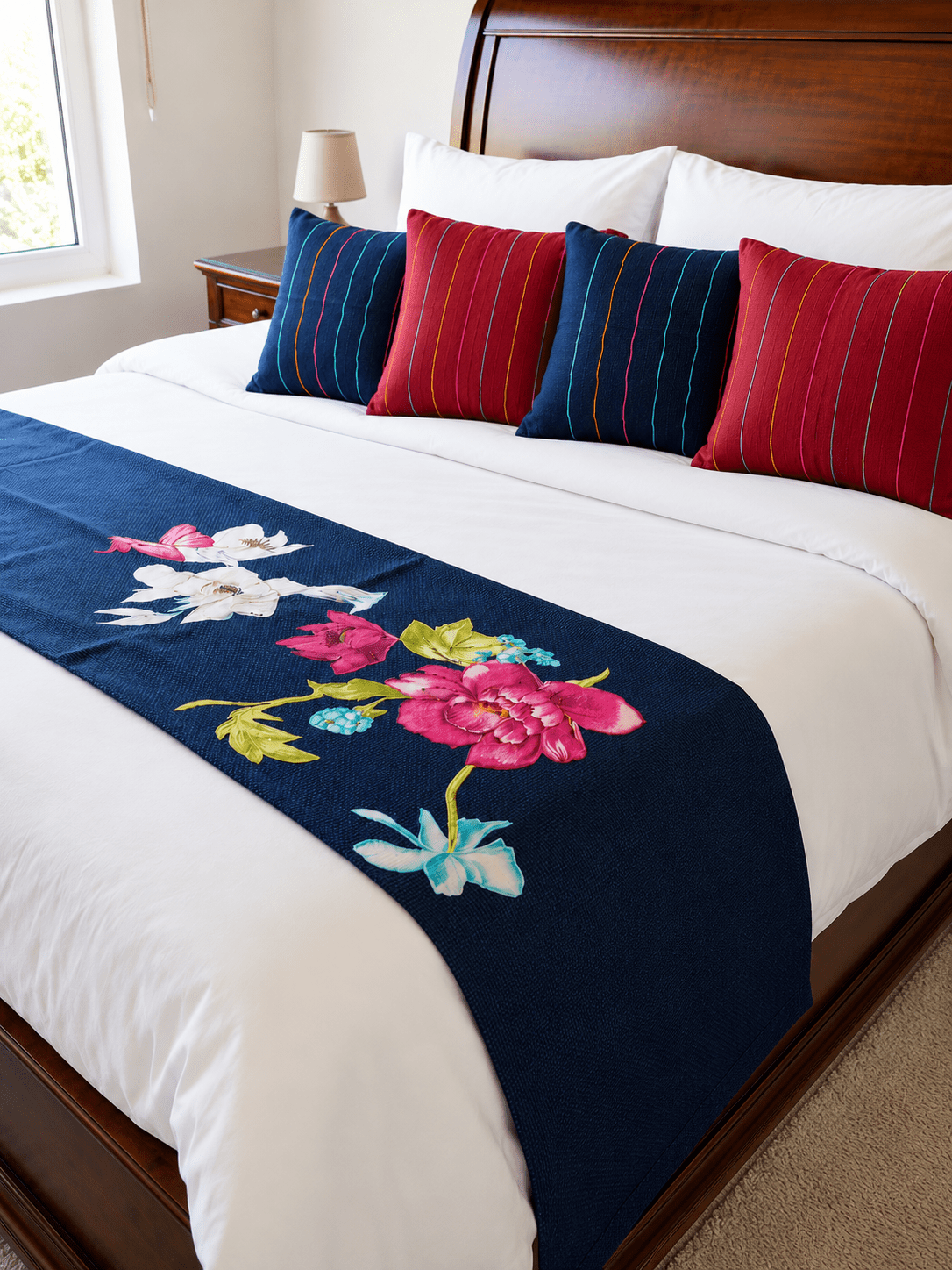 Navy Floral Embroidered Bed Runner — Cotton Jute - Hina Beddings