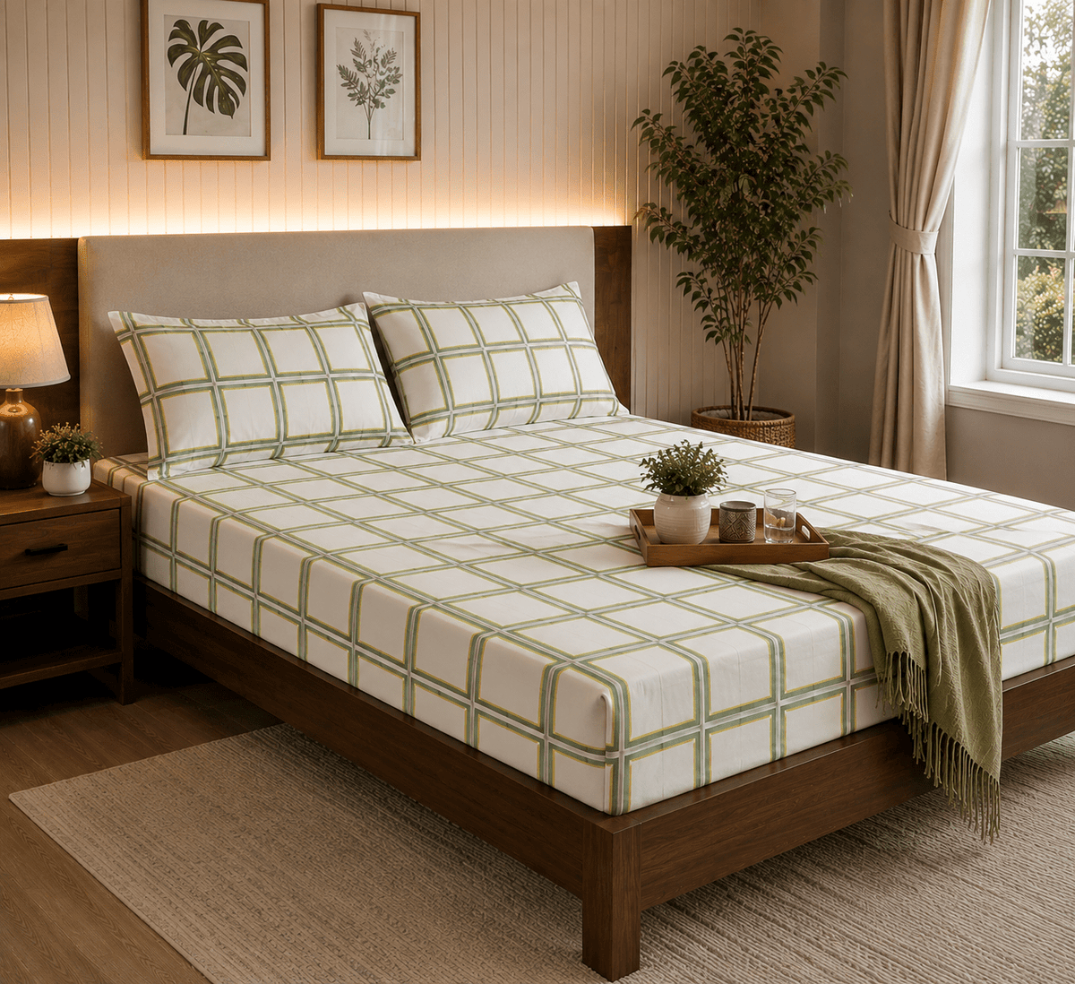 Olive Green & Yellow Geometric Cotton Satin Bedsheet Set - Hina Beddings