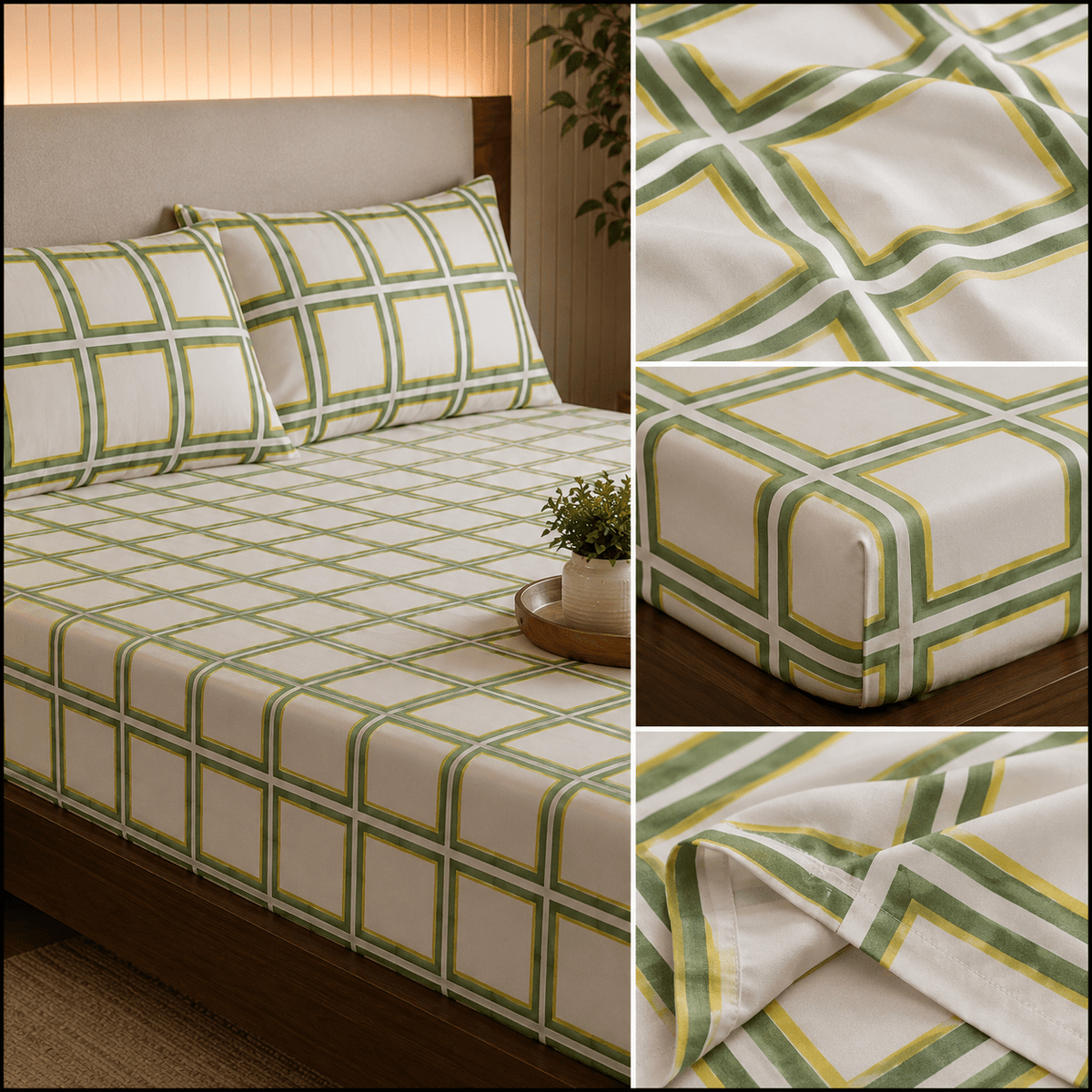 Olive Green & Yellow Geometric Cotton Satin Bedsheet Set - Hina Beddings