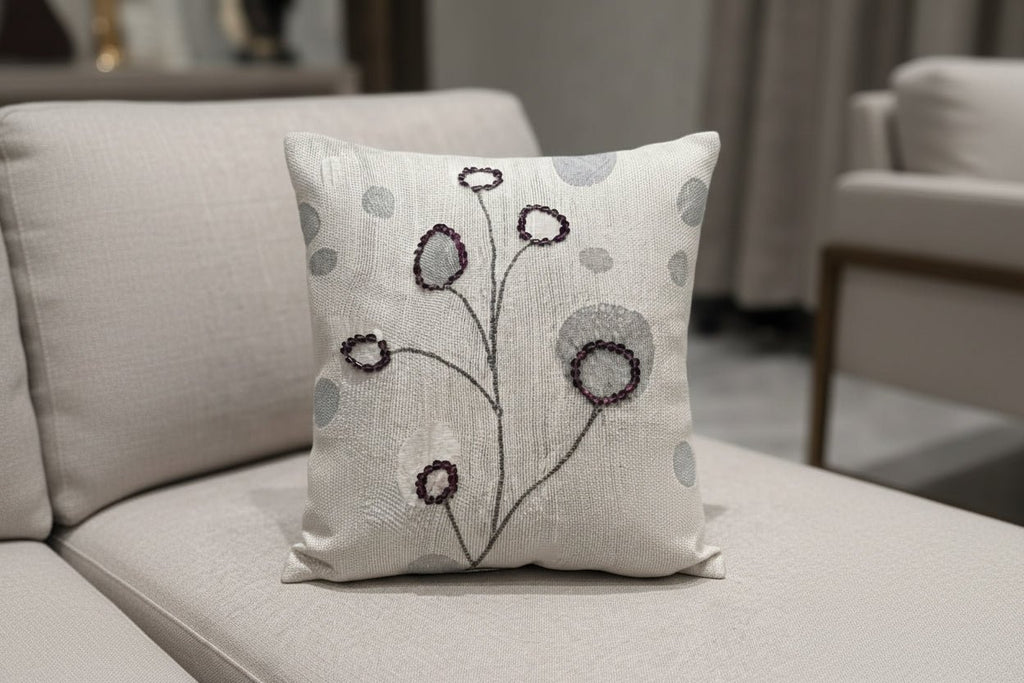 Pearl White & Grey Beaded Decorative Cushion Cover – Premium Sequence Work - Hina Beddings