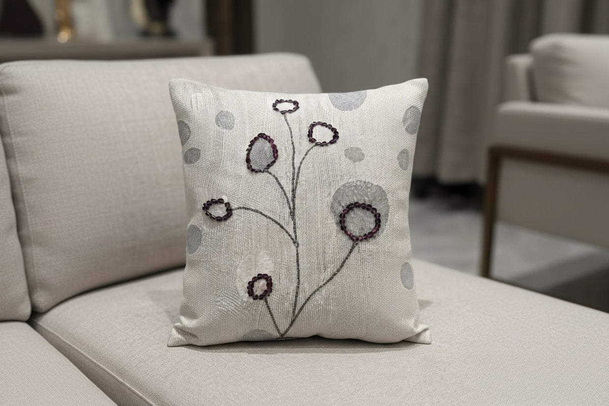 Pearl White & Grey Beaded Decorative Cushion Cover – Premium Sequence Work - Hina Beddings