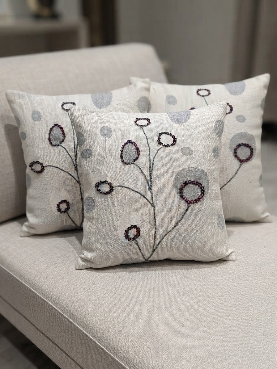 Pearl White & Grey Beaded Decorative Cushion Cover – Premium Sequence Work - Hina Beddings