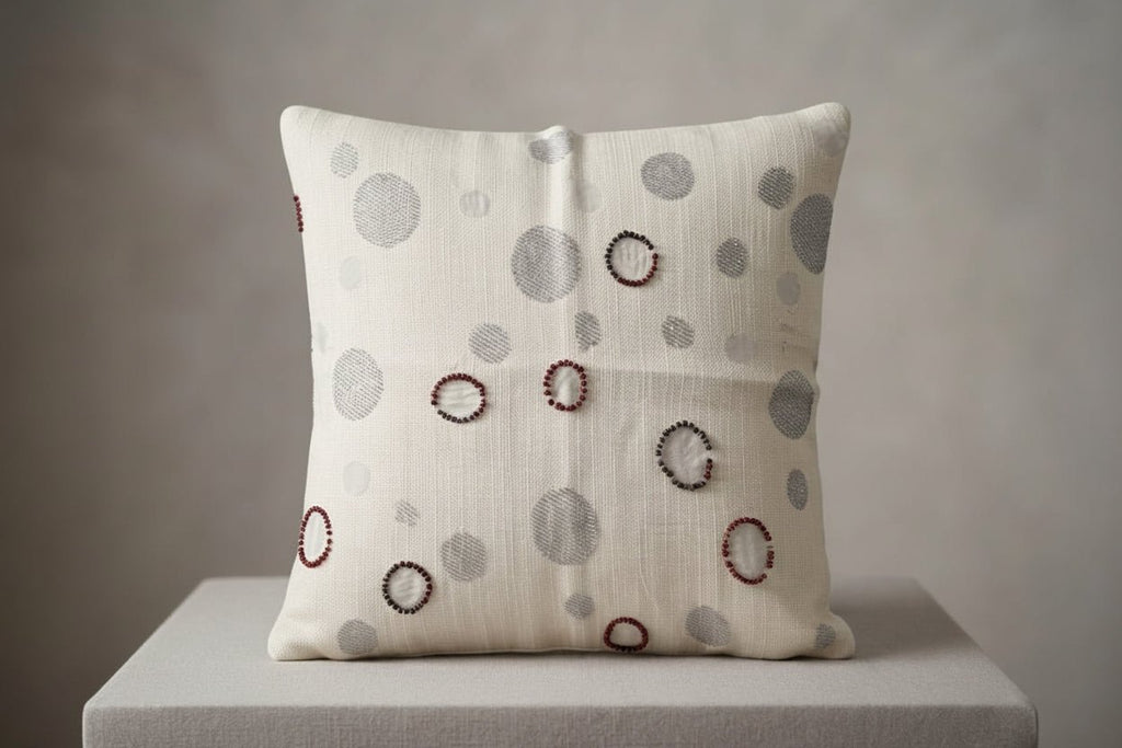 Pearl White & Grey Beaded Decorative Cushion Cover – Premium Sequence Work - Hina Beddings
