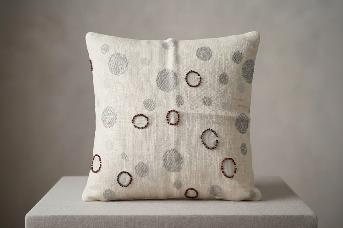 Pearl White & Grey Beaded Decorative Cushion Cover – Premium Sequence Work - Hina Beddings