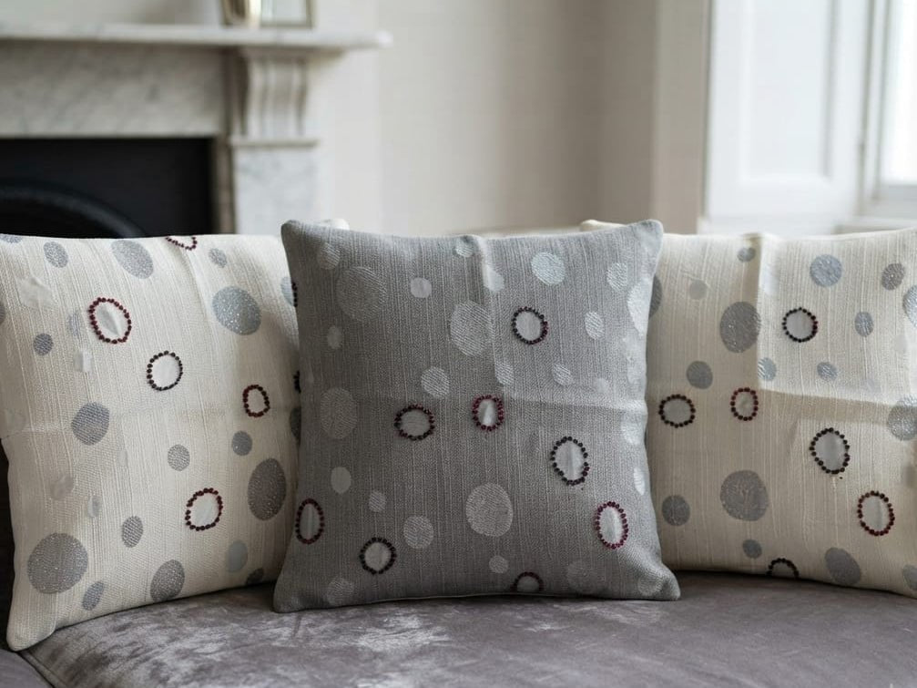 Pearl White & Grey Beaded Decorative Cushion Cover – Premium Sequence Work - Hina Beddings