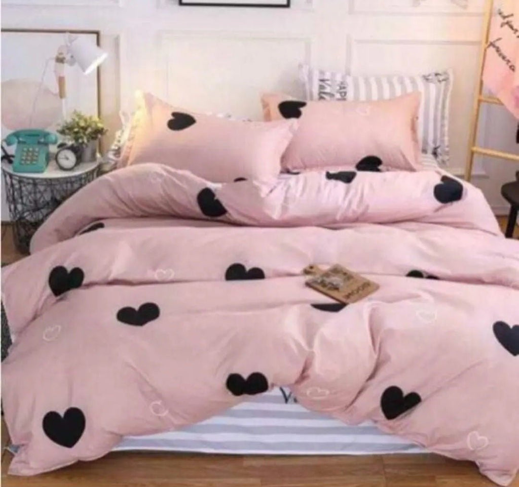 Pink & Black Heart Print Winter Cotton Duvet Cover Set - Hina Beddings