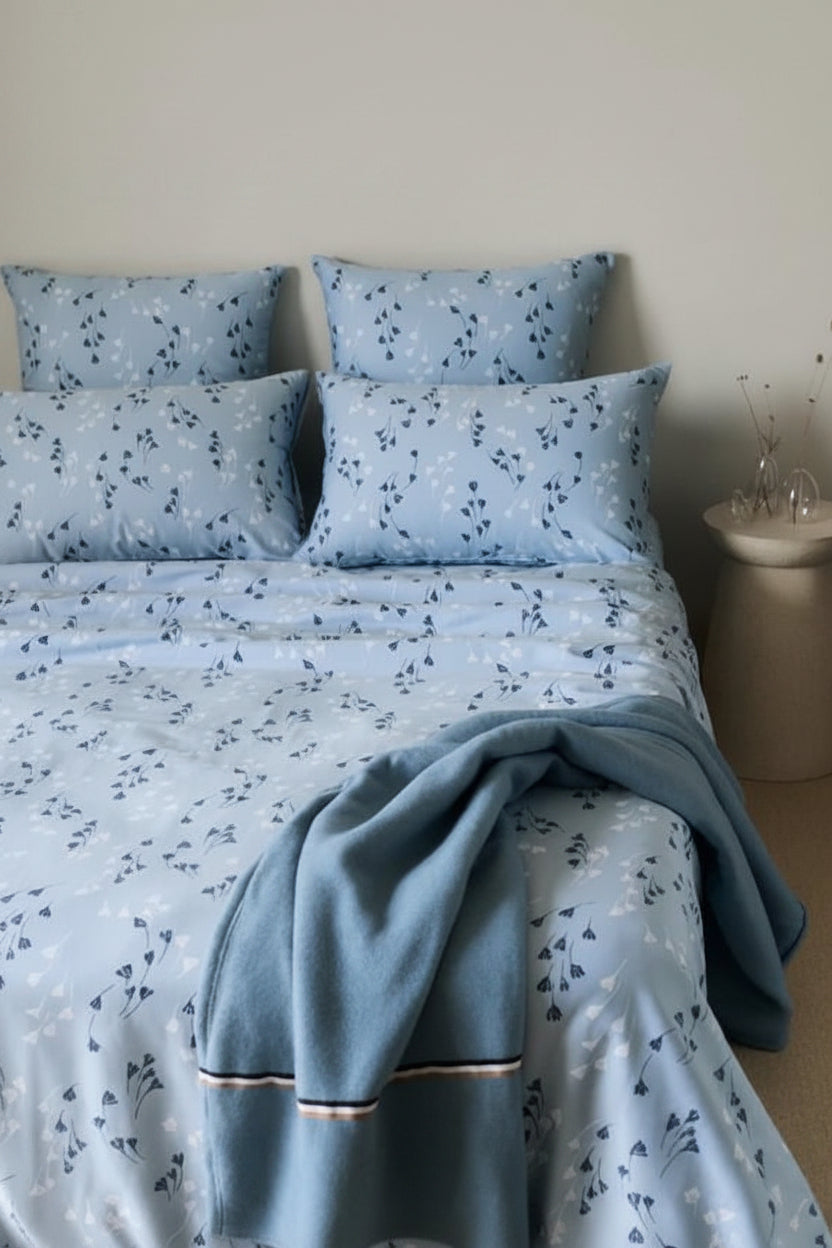 Powder Blue Floral Satin Bedsheet Set - Hina Beddings