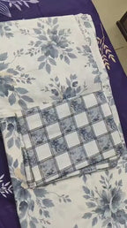 Pure Cotton Summer Bedsheet – Slate Blue Floral & Check Print