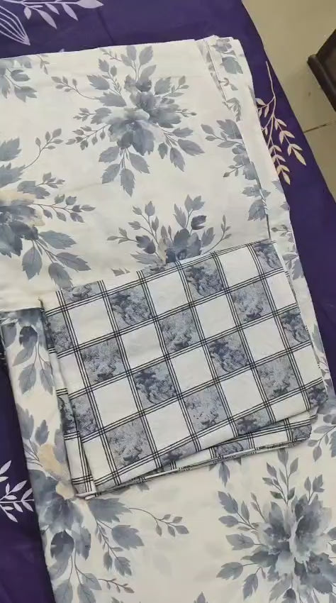 Pure Cotton Summer Bedsheet – Slate Blue Floral & Check Print