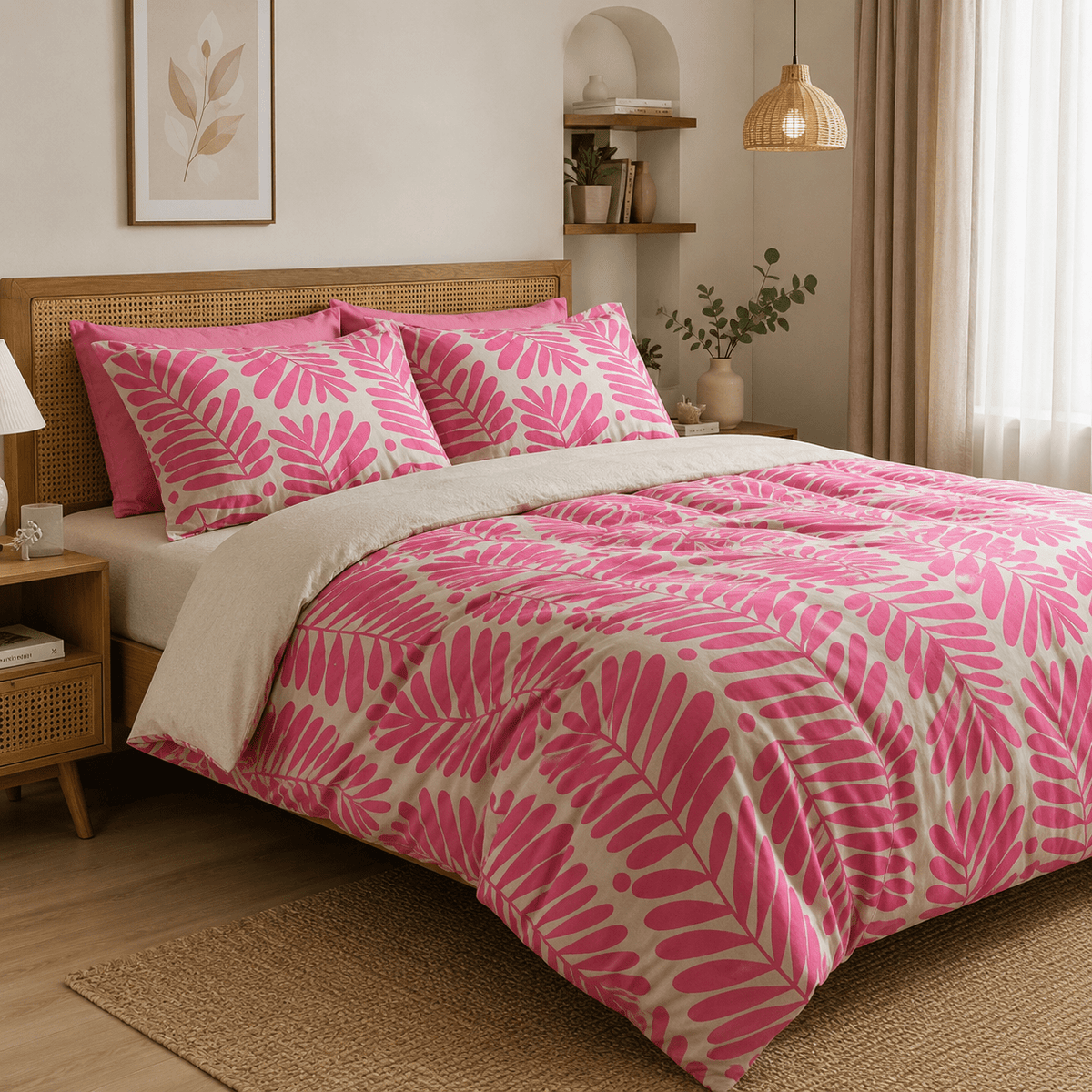 Pure Cotton Pink Botanical Leaf Printed Bedsheet Set - Hina Beddings