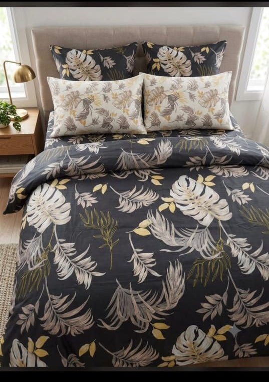 Pure Cotton Summer Duvet Set – Charcoal Tropical Palm Leaf Print - Hina Beddings