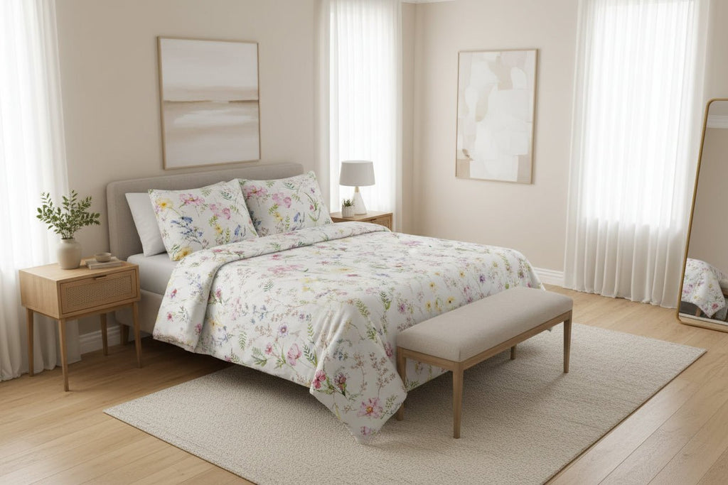 Sage Blossom Printed satin Bedsheet Set - Hina Beddings