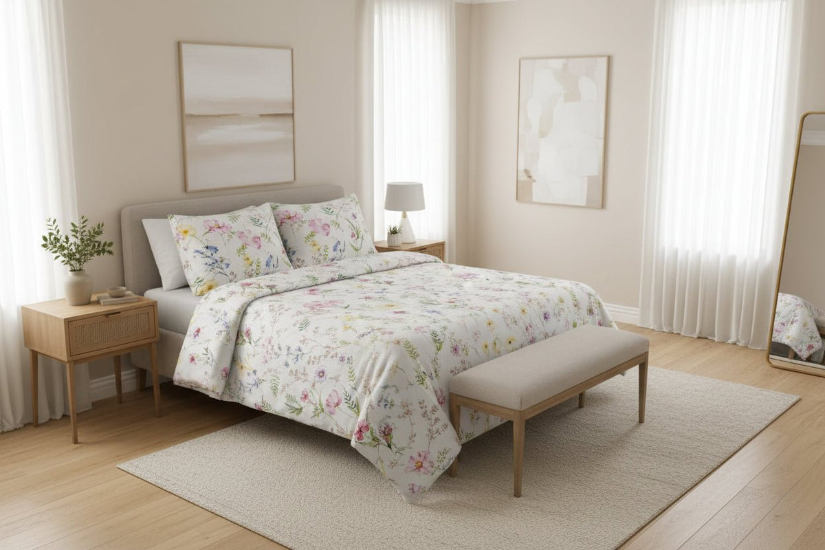 Sage Blossom Printed satin Bedsheet Set - Hina Beddings