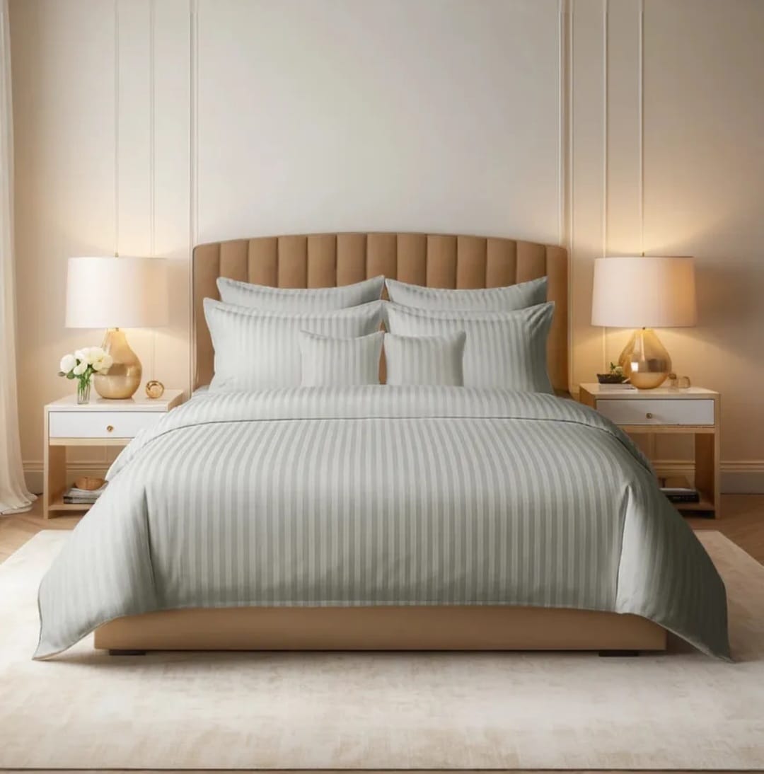 Sage Green Striped Satin Sheet Set - 3 Pcs King size - Hina Beddings