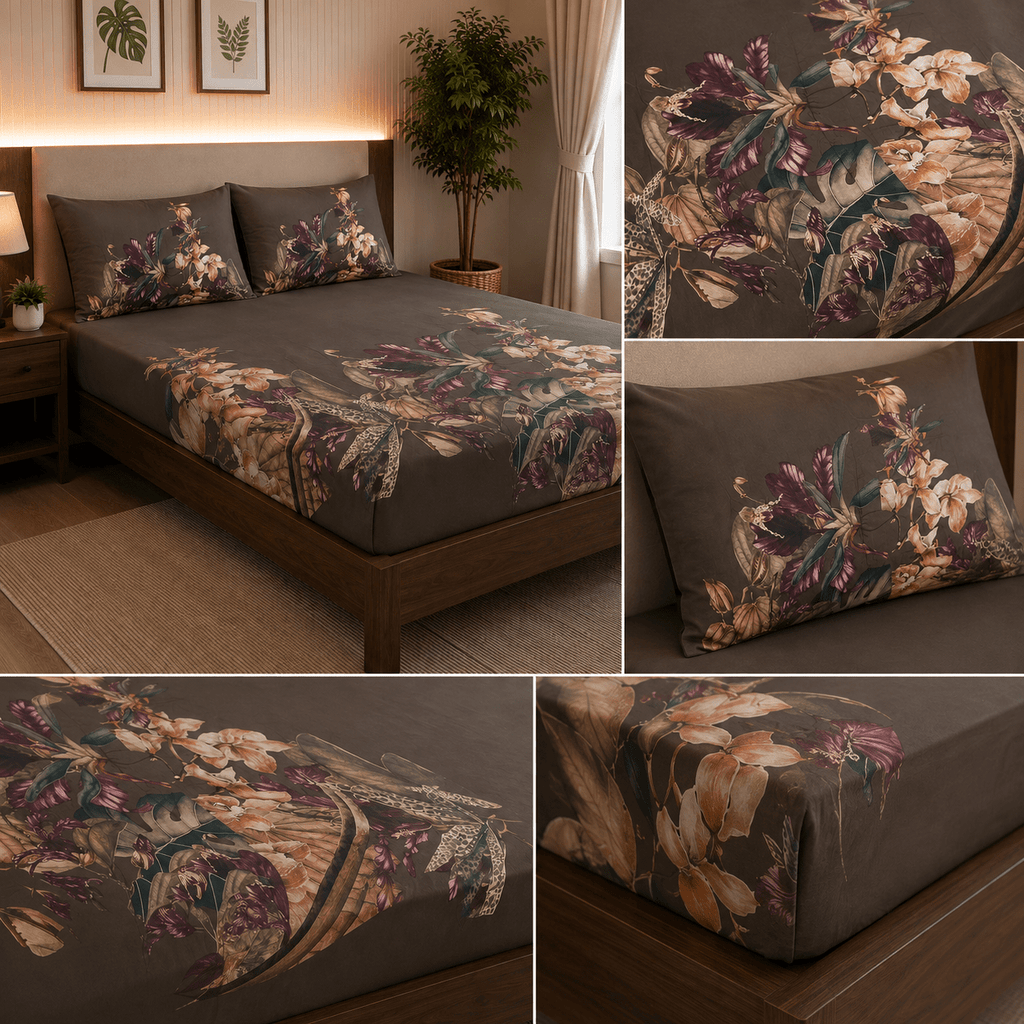 Slate Graphite Floral Cotton Satin Bedsheet - Hina Beddings