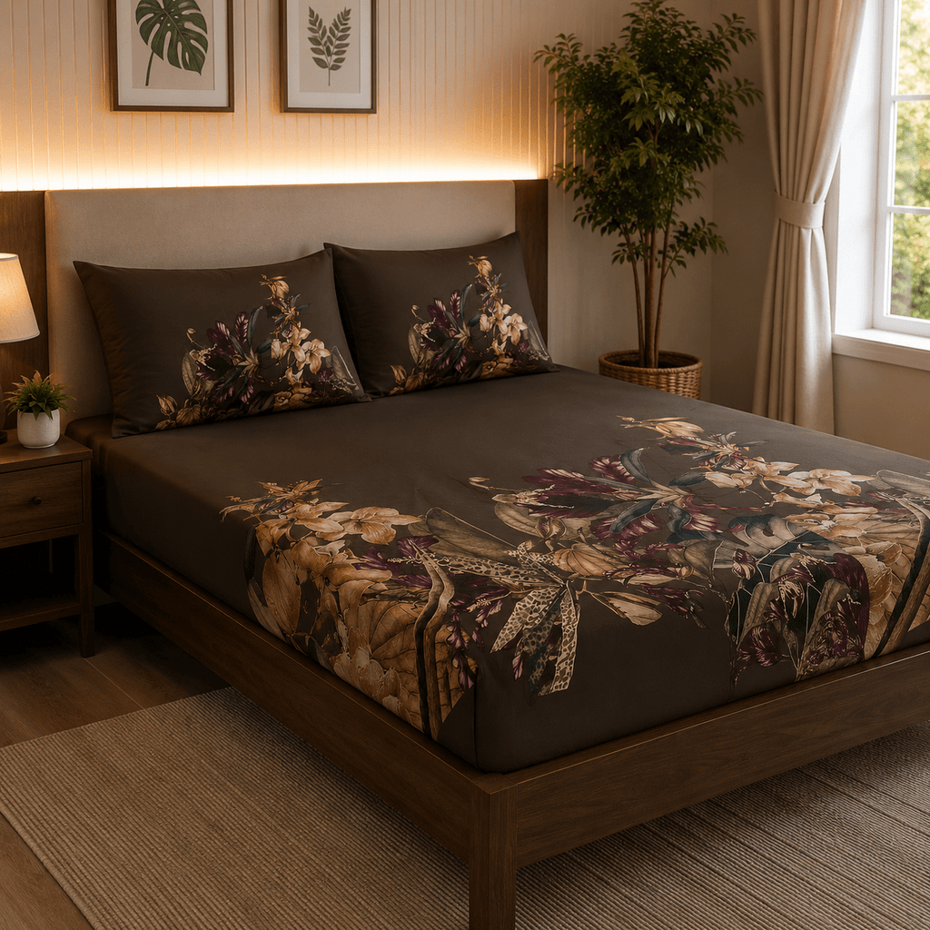 Slate Graphite Floral Cotton Satin Bedsheet - Hina Beddings