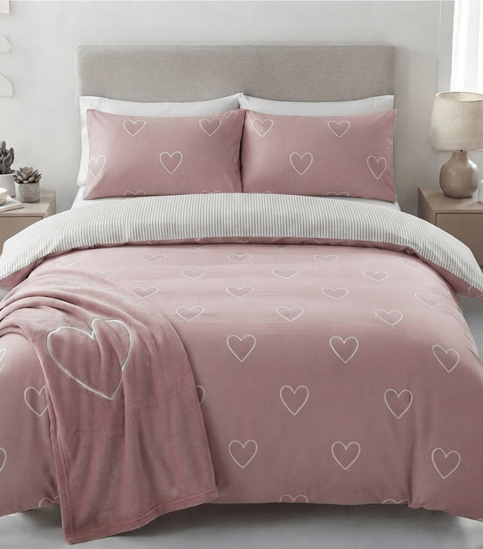 Soft Pink & White Heart Print Winter Cotton Duvet Cover Set - Hina Beddings