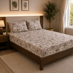 Taupe Floral Cotton Satin Bedsheet Set - Hina Beddings