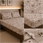 Taupe Floral Cotton Satin Bedsheet Set - Hina Beddings