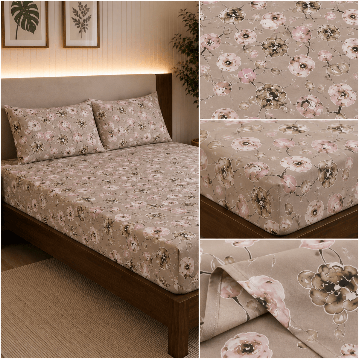 Taupe Floral Cotton Satin Bedsheet Set - Hina Beddings