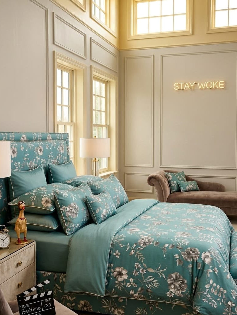 Teal Botanical Bloom Cotton Bedsheet Set - Hina Beddings