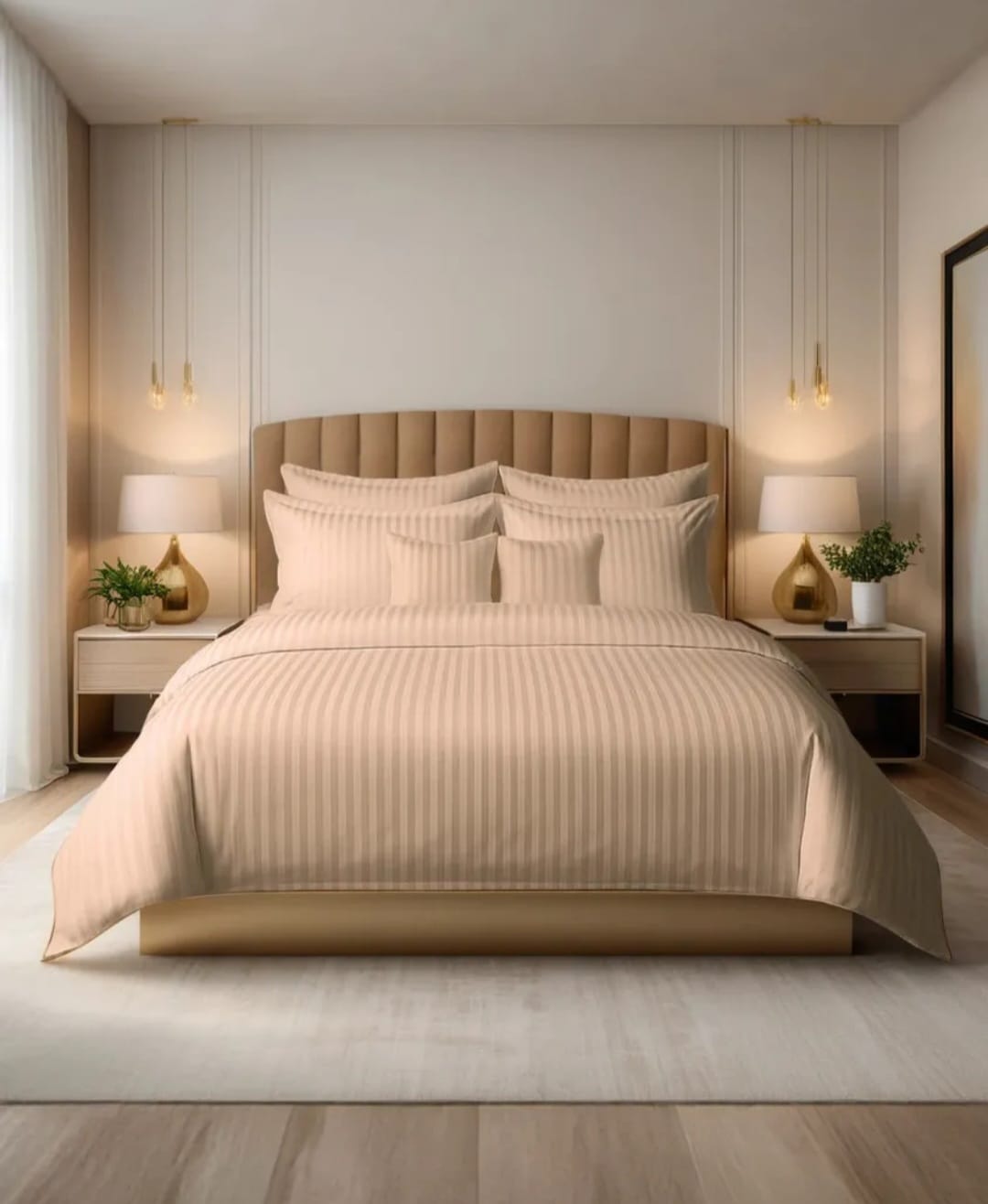 Warm Beige Striped Satin Sheet Set - 3pcs King size - Hina Beddings